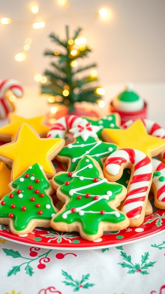 A plate of decorated Christmas cookies in festive shapes, surrounded by holiday decorations.